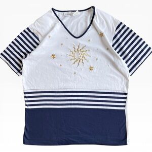 Vintage Bonnie Blain 90s Embroidered Celestial Sun & Stars Tee Navy Blue & White